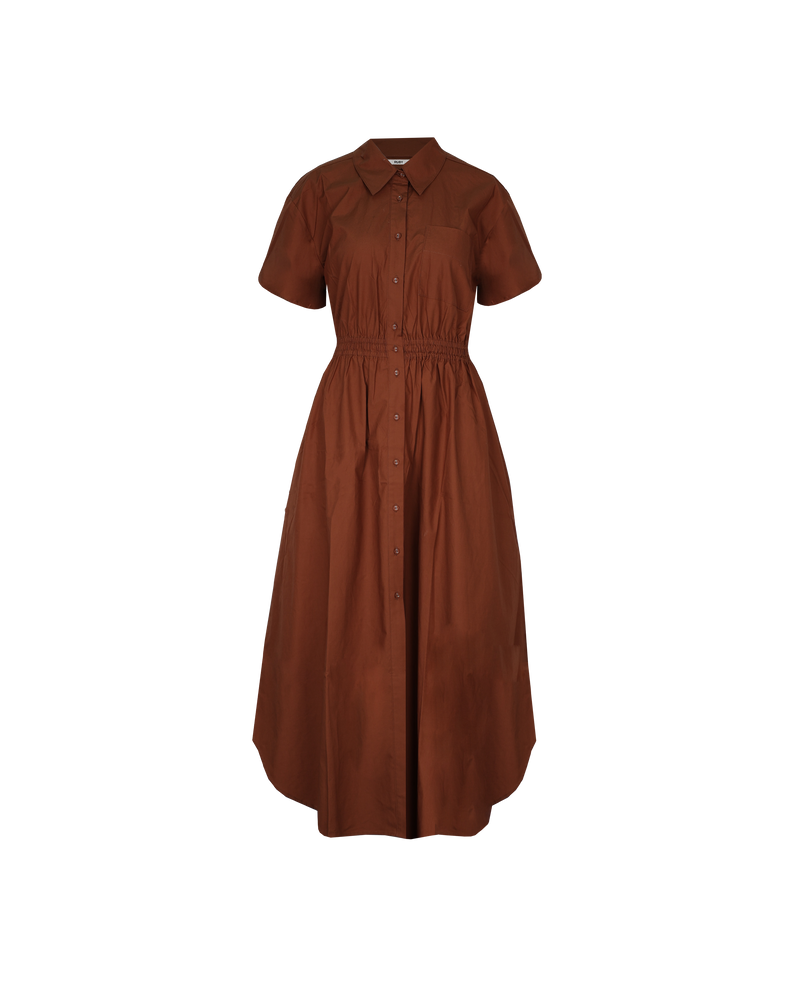 COMET SHIRT DRESS CHOCOLATE | Maxi shirt dress crafted in a chocolate coloured cotton, with an elasticated waist and short sleeves. The fully functional buttons allow you to show as little or as much skin...