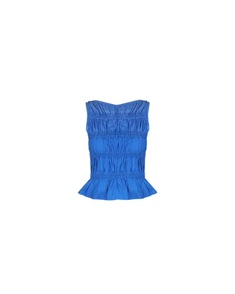 COMET TANK COBALT | Sleeveless cotton blouse with shirring throughout the body to create texture. Make it a set by matching this tank with our Skipper Pant.