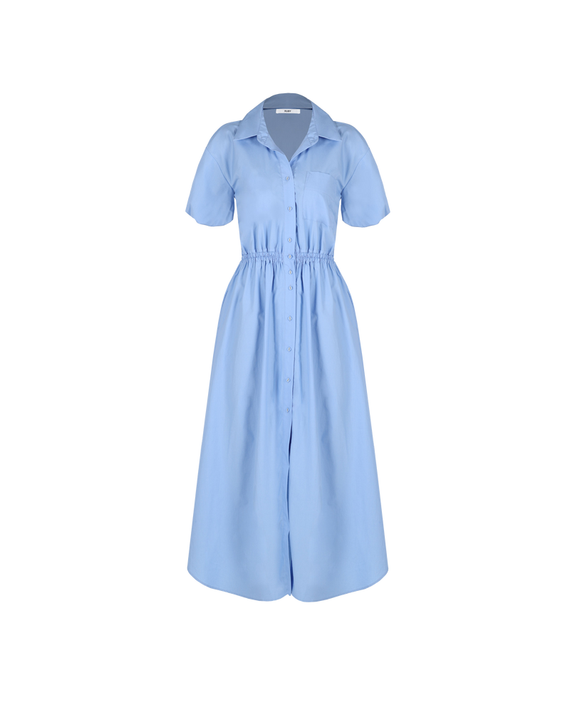 COMET SHIRT DRESS CORNFLOWER | Maxi shirt dress crafted in a cornflower blue cotton with an elasticated waist and short sleeves. The fully functional buttons allow you to show as little or as much skin...