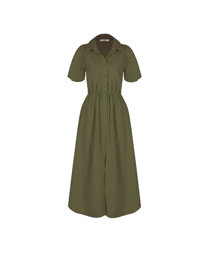 COMET SHIRT DRESS KHAKI | Maxi shirt dress crafted in a khaki cotton with an elasticated waist and short sleeves. The fully functional buttons allow you to show as little or as much skin as...