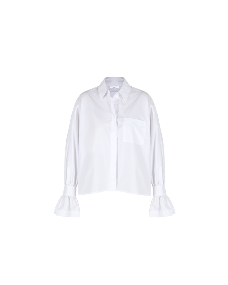 COMET SHIRT WHITE | Boxy shaped shirt that sits longer through the back with fluted cuff detailing cut in a crisp white cotton. Designed to be a stand out, the fabric of this shirt emphasises...