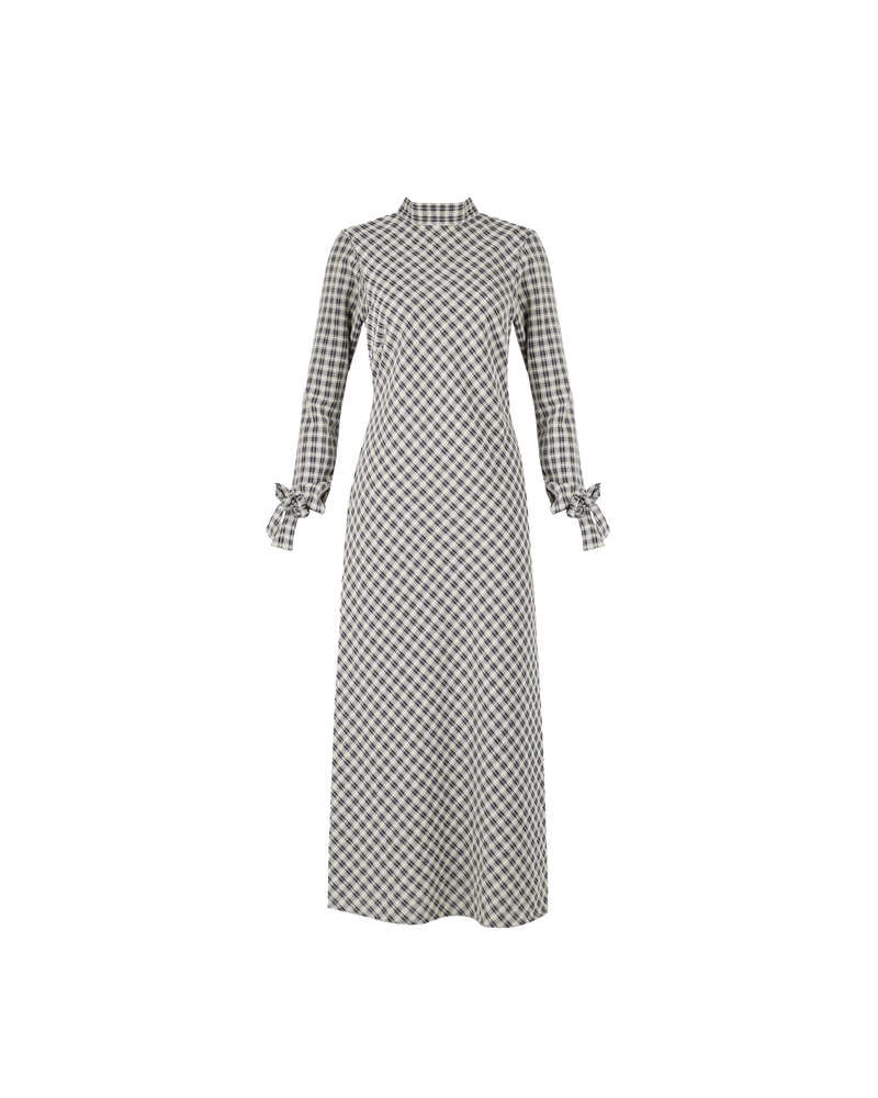 CONNIE DRESS SOFT CHECK NAVY | Longsleeve dress with a high neckline and a back tie and cuff closure in a navy and cream check that falls to a midi-length. A side split allows for movement...