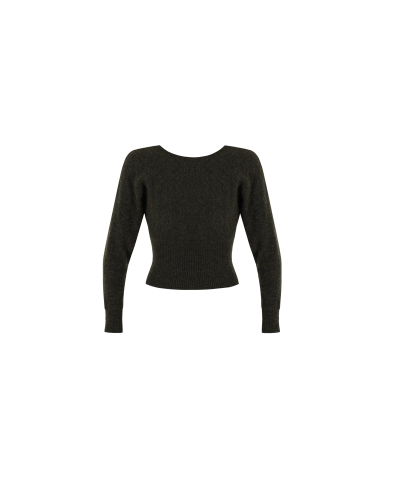 CONNIE SWEATER KHAKI | Reversible wrap style jumper with a relaxed fit and batwing sleeves. Crafted in a deep charcoal khaki shade, this knit has a wide ribbed hem that gives the waist a...