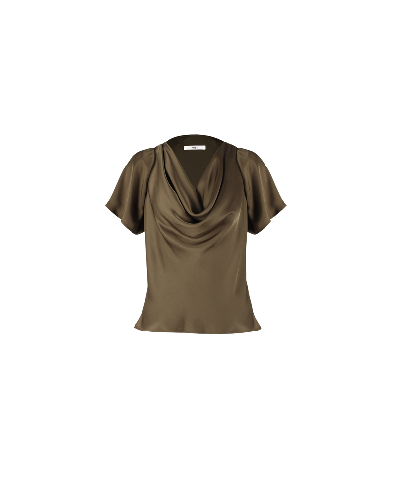 COTERIE COWL NECK TOP KHAKI | Relaxed fitting blouse with short batwing sleeves and a cowl neck. Crafted in a lush khaki satin that drapes gorgeously over your figure.