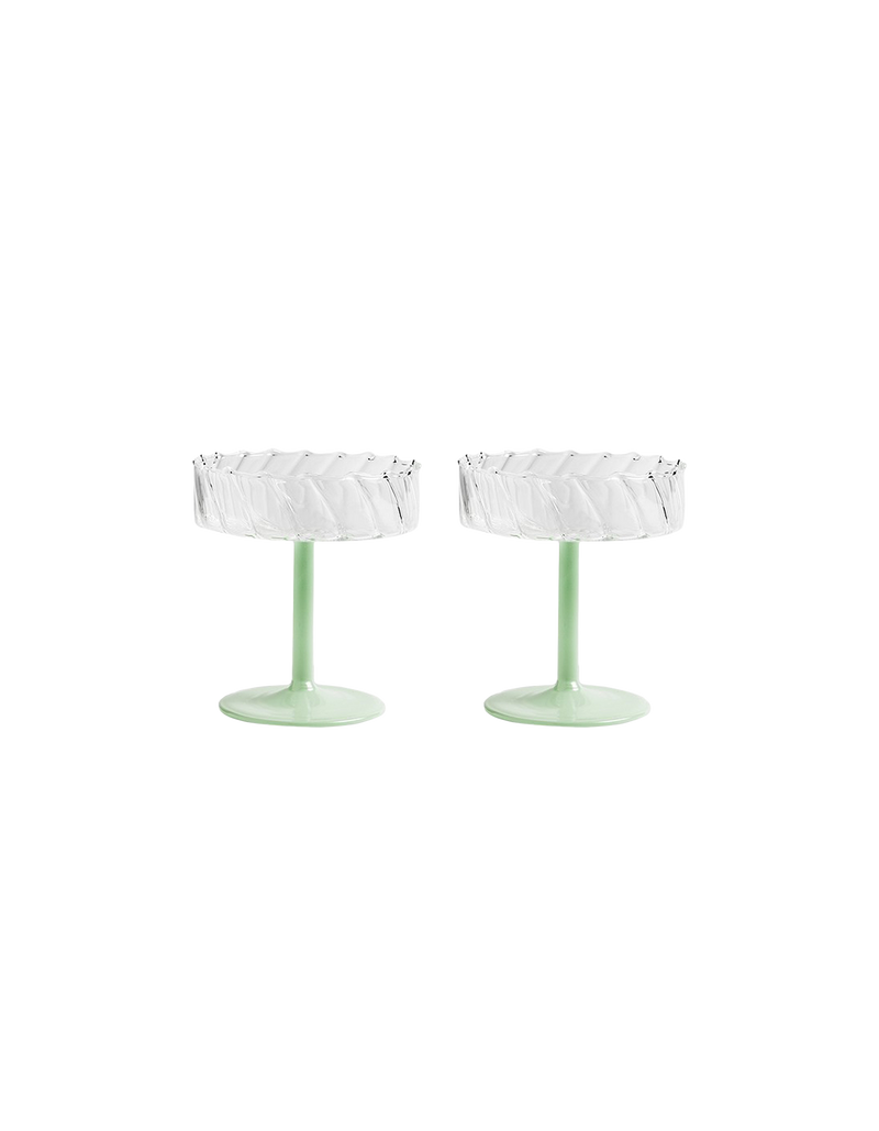 COUPE TWIRL SET OF 2 MINT | Set of feature champagne coupes in a mint colour with a twirl stem design. Perfect to add to any party or special occasion.