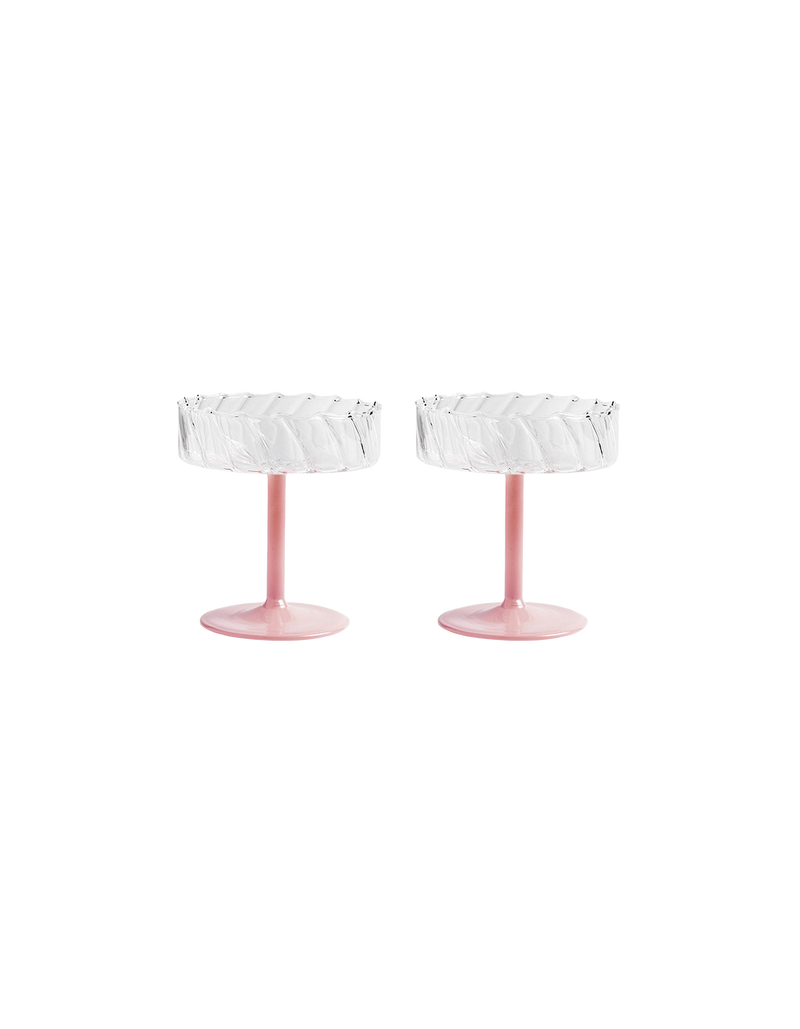 COUPE TWIRL SET OF 2 PINK | Set of feature champagne coupes in a pink colour with a twirl stem design. Perfect to add to any party or special occasion.
