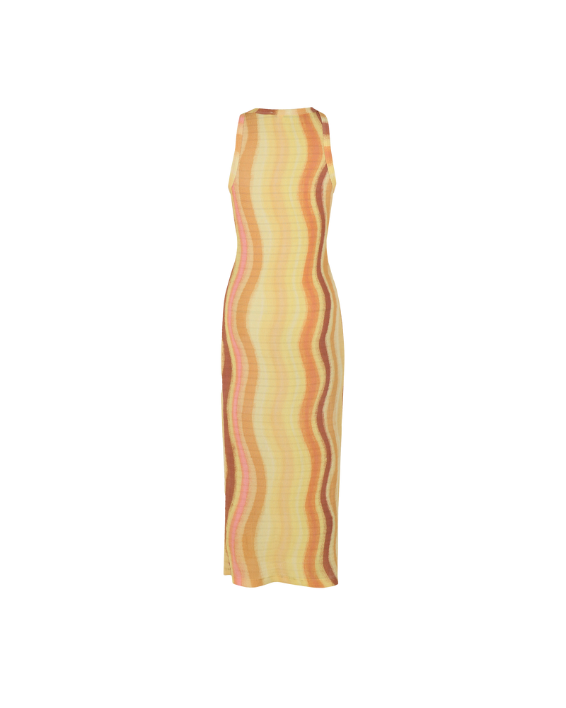 SOLAR CRINKLE DRESS SOLAR PRINT | Tank style midi dress designed in a crinkle sunset fabric. The crinkle fabric provides stretch for a comfortable fit that looks great on.