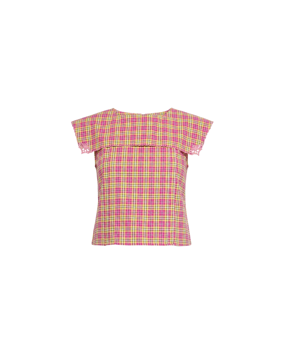 CRUSH COTTON BLOUSE PINK YELLOW TARTAN | Sleeveless blouse featuring an oversized sailor-style collar with a scalloped hem and broderie detailing on the sides, designed in our organic cotton pink yellow tartan. Features a button up design at the back, which can be worn open to keep...
