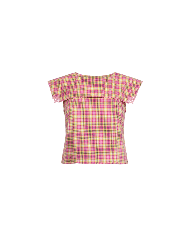 CRUSH COTTON BLOUSE PINK YELLOW TARTAN | Sleeveless blouse featuring an oversized sailor-style collar with a scalloped hem and broderie detailing on the sides, designed in our organic cotton pink yellow tartan. Features a button up design at the back, which can be worn open to keep...
