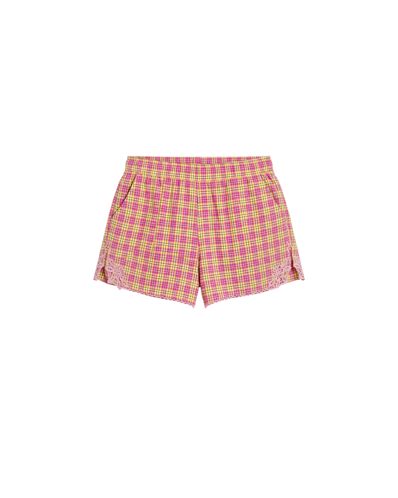 CRUSH COTTON SHORT PINK YELLOW TARTAN | Low-waisted organic cotton shorts, designed in our pink yellow tartan. Featuring a pink scalloped hem and broderie detailing on the sides, make it a matching set with the Crush Blouse or pair with your favourite tank. 