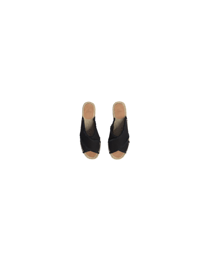 PALMERA SLIDES BLACK | Cotton espadrille slides with crossed straps and frayed finish, these shoes are the epitome of summer. A new flat style of the much loved Carina Espadrilles.
