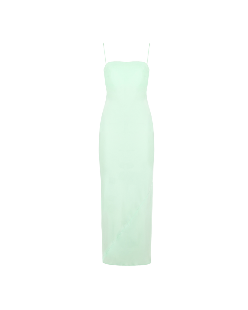 CUCUMBER SATIN SLIP MINT | Bias maxi dress with a straight neckline and spaghetti straps, cut in a luxurious mint coloured satin. An understated and elegant silhouette, this piece can be worn with straps, or...