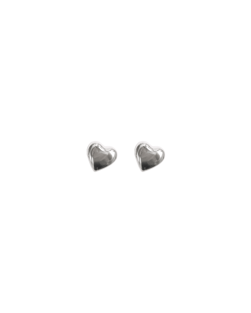 CUPID STUDS SILVER | Silver bubble heart earrings with a stud closure. These earrings are a medium size and comfortable enough for all-day wear.
