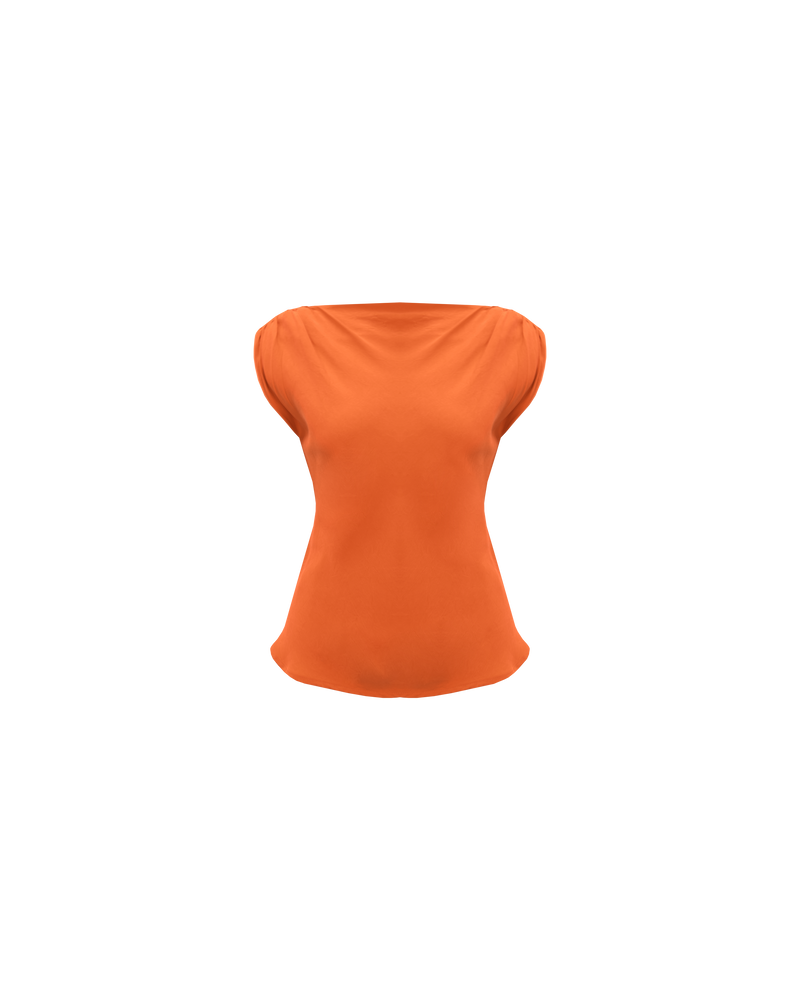 CURTIS SLEEVELESS BLOUSE ORANGEADE | Bias cut cap sleeve blouse crafted in a lush orangeade cupro. This piece has ruched detail at the shoulder, a tie to cinch in the waist, and a high neckline...