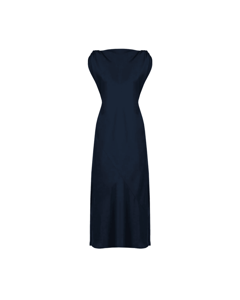 CURTIS MIDI DRESS MULHOLLAND NAVY | Bias cut cap sleeve midi dress crafted in a luxe Mulholland navy satin. This piece has ruched detail at the shoulder, a tie to cinch in the waist, and a...
