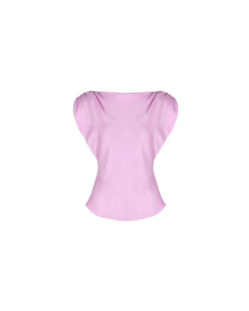 CURTIS SLEEVELESS BLOUSE JEM | Bias cut cap sleeve blouse crafted in a jem coloured satin. This piece has ruched detail at the shoulder, a tie to cinch in the waist and a high neckline...