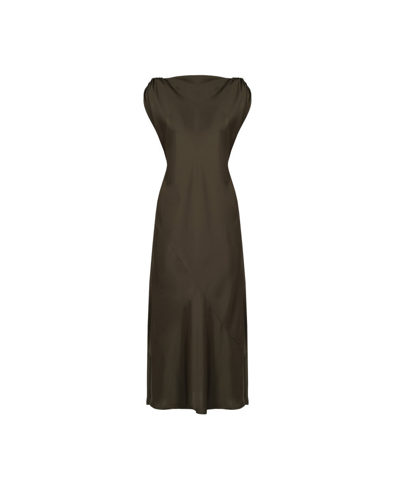 CURTIS MIDI DRESS JETTA GREEN | Bias cut cap sleeve midi dress crafted in a lush 'jetta' green satin. This piece has ruched detail at the shoulder, a tie to cinch in the waist and a...