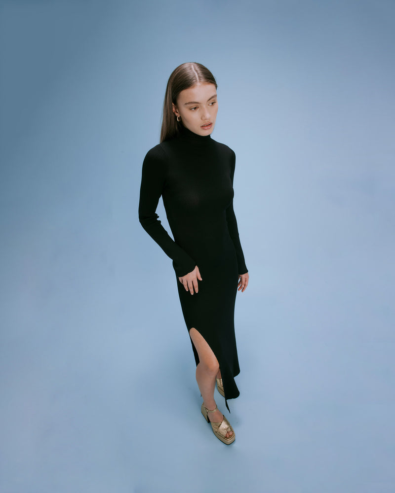 DALLAS DRESS BLACK | Longsleeve turtleneck maxi dress with a fitted silhouette crafted in a ribbed black knit. A staple piece that can be layered and worn with pretty much everything.