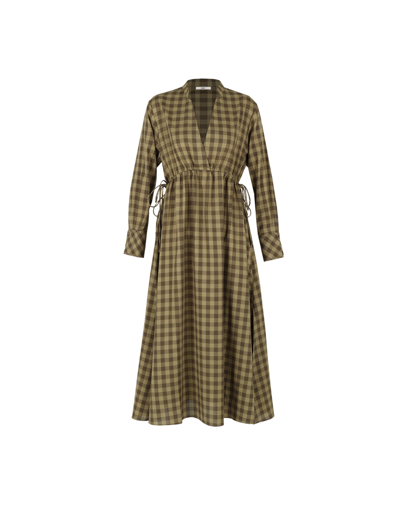 DARCY GINGHAM DRESS OLIVE GINGHAM | Longsleeve shirt dress with a relaxed open mandarin collar cut in a two tone olive gingham. The elasticated shirring under the bust creates shape in this piece and soft pleating...