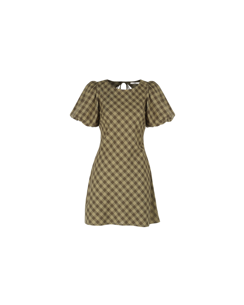 DARCY GINGHAM MINIDRESS OLIVE GINGHAM | Bias cut cotton minidress with puff sleeves and an open back feature that ties back neck. The bias silhouette of this dress gently contours the body, while the olive check...