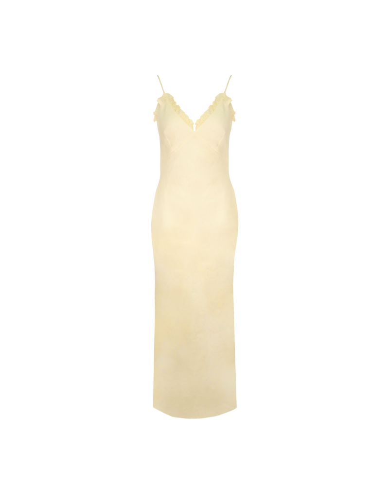 DELILAH LINEN SLIP BUTTER | Bias cut slip with a V-neckline, with ruffle detailing around the bust line, designed in a butter colour. This slip features bust shaping and a side split on one side,...