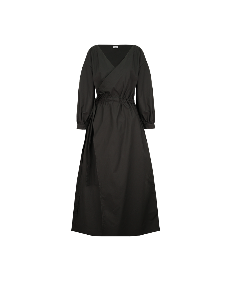 DELILAH WRAP DRESS BLACK | Cotton midi dress with an elasticated waist and has cuffs at the sleeves. This dress has a faux wrap detail and pockets to house all your essentials.