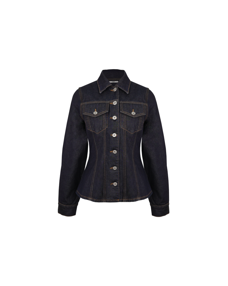 MADELEINE DENIM JACKET UNWASHED | Fitted denim shirt jacket designed in a raw denim. Features panelling with contrast stitching, and 2 front pockets. Pairs as a set with the Madeleine Denim Mini Skirt.
