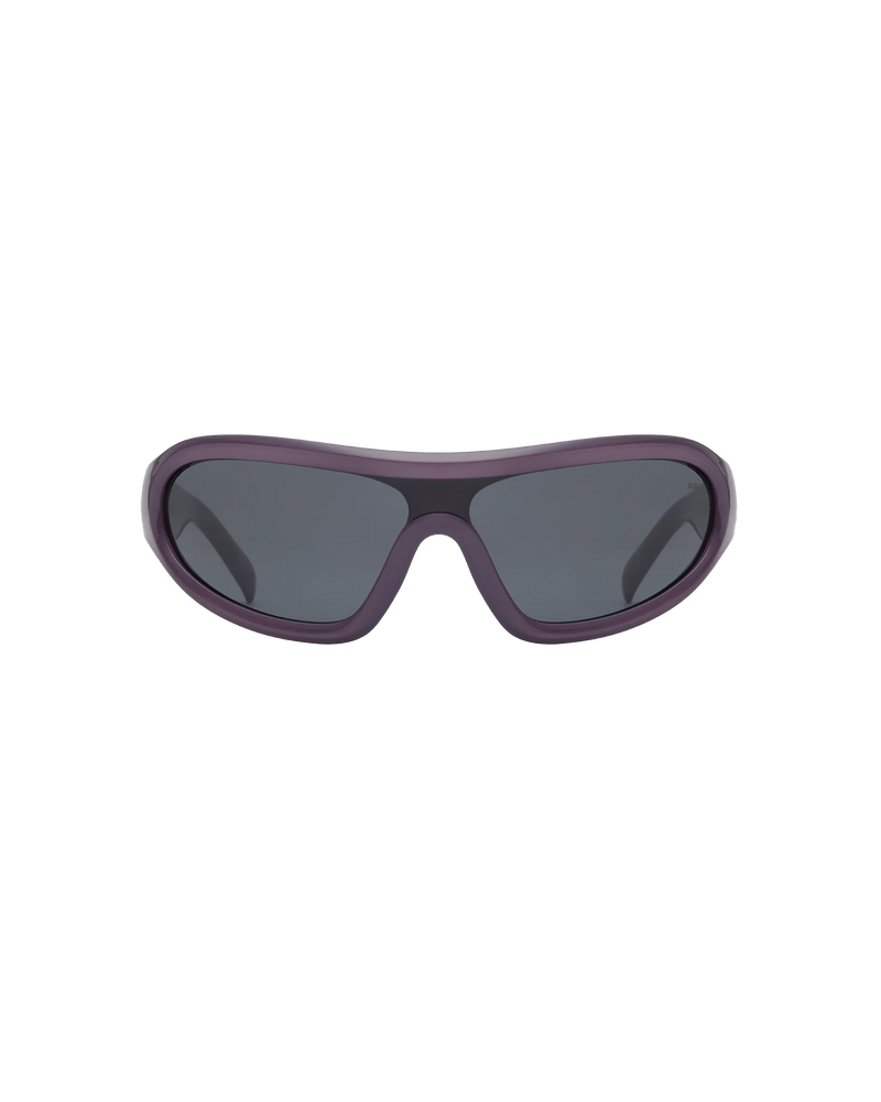 DEVON SUNGLASS SHADOW | Wraparound sunglasses with a sporty retro look. Designed with a continuous black lens and dark grey frame. 
