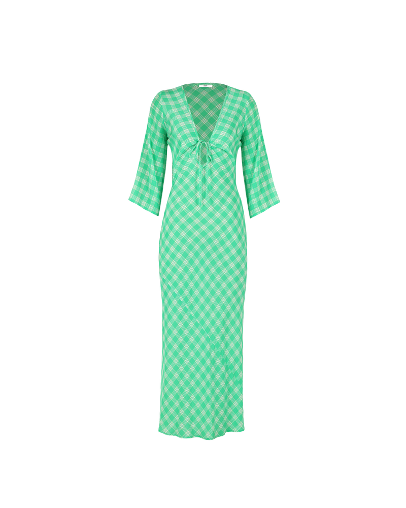 DIME SILK MIDI DRESS GREEN CHECK | Bias cut silk midi-dress featuring a keyhole tie detail at the neckline, in a RUBY exclusive green check print. The bias cut effortlessly skims your figure, and the keyhole feature...