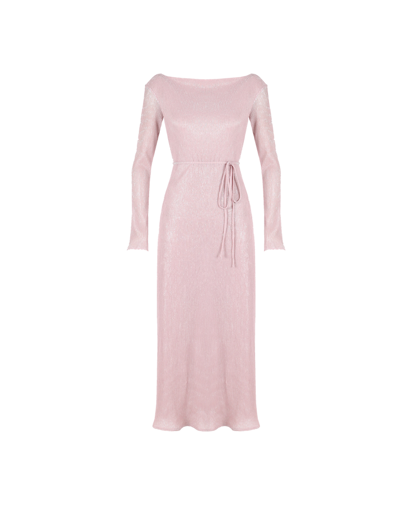 DIME SPARKLE DRESS PINK SPARKLE | Longsleeve midi dress, with a high boat neckline and a waist tie that can be used to cinch the waist. Crafted in a pleated pale pink fabric that is woven...