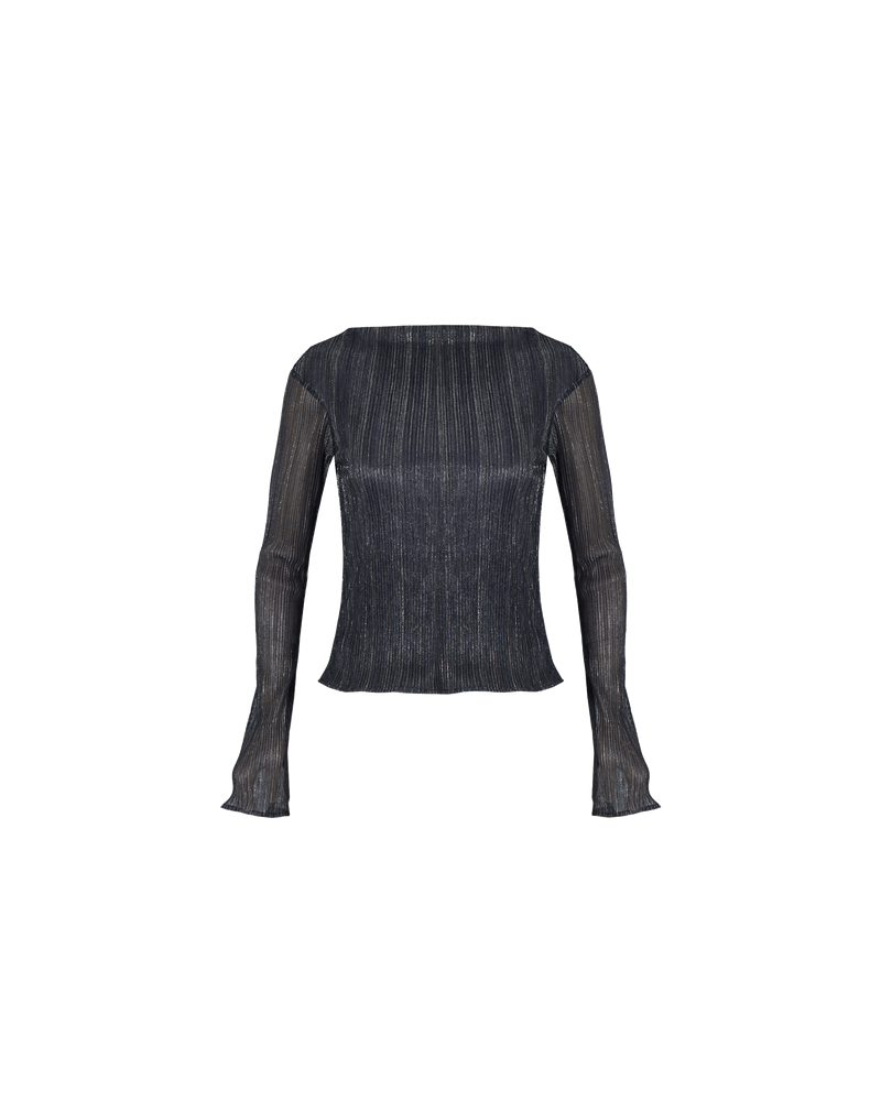 DIME SPARKLE TOP BLACK SPARKLE | Longsleeve blouse with a high boat neckline and slightly fluted sleeves. Crafted in a pleated black fabric that is woven with metallic threads that shimmer in the light.