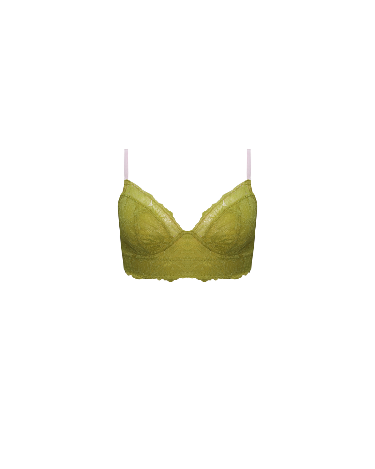 DOLLY FULL SUPPORT LACE BRA CHARTREUSE | Named after the iconic Dolly Parton, this wireless bra is crafted in a soft, breathable lace with mesh lining. Designed to offer full support, this bra is double lined with a thick under-band and side boning. It offers firm support...
