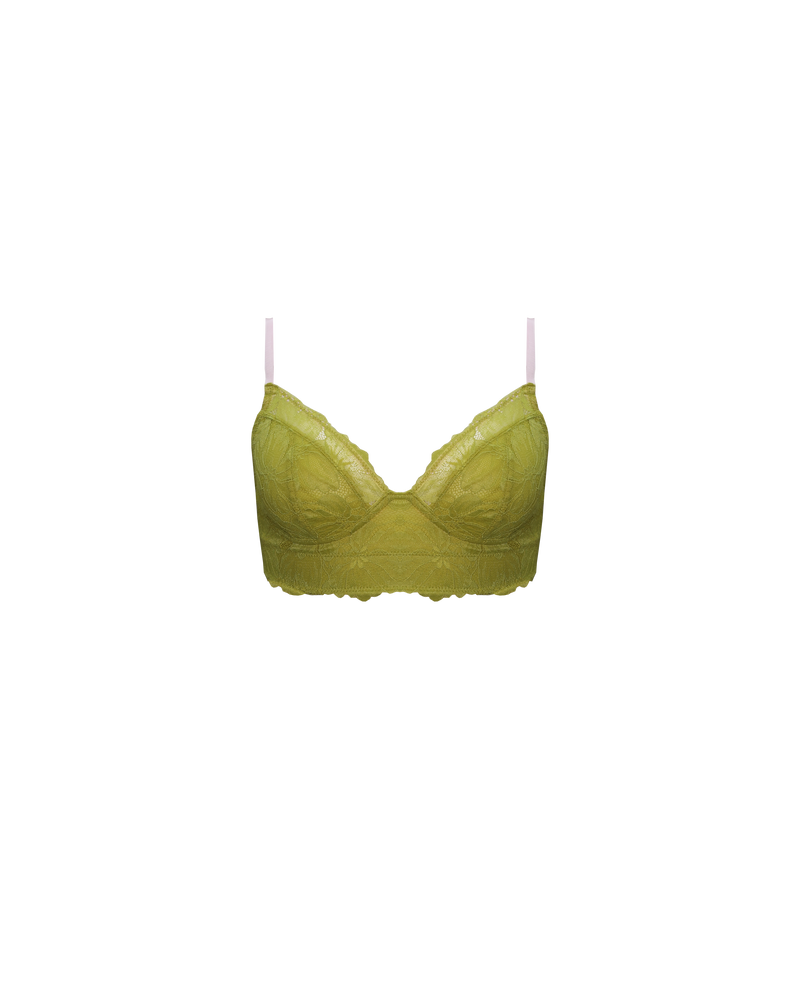 DOLLY FULL SUPPORT LACE BRA CHARTREUSE | Named after the iconic Dolly Parton, this wireless bra is crafted in a soft, breathable lace with mesh lining. Designed to offer full support, this bra is double lined with a thick under-band and side boning. It offers firm support...
