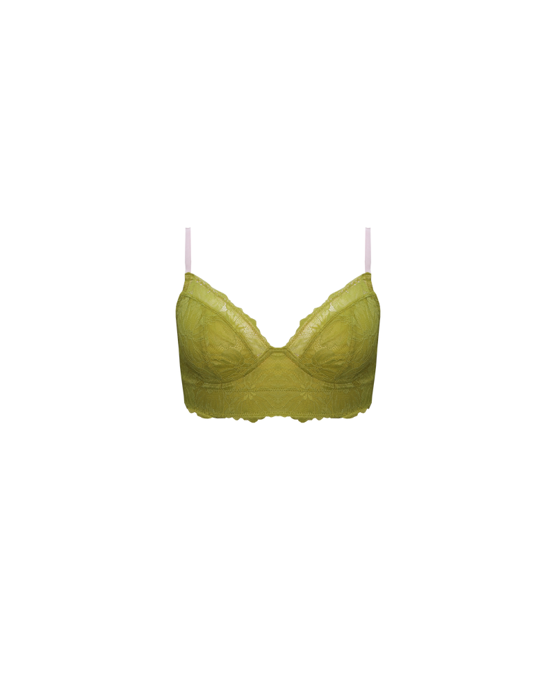 DOLLY FULL SUPPORT LACE BRA CHARTREUSE | Named after the iconic Dolly Parton, this wireless bra is crafted in a soft, breathable lace with mesh lining. Designed to offer full support, this bra is double lined with a thick under-band and side boning. It offers firm support...