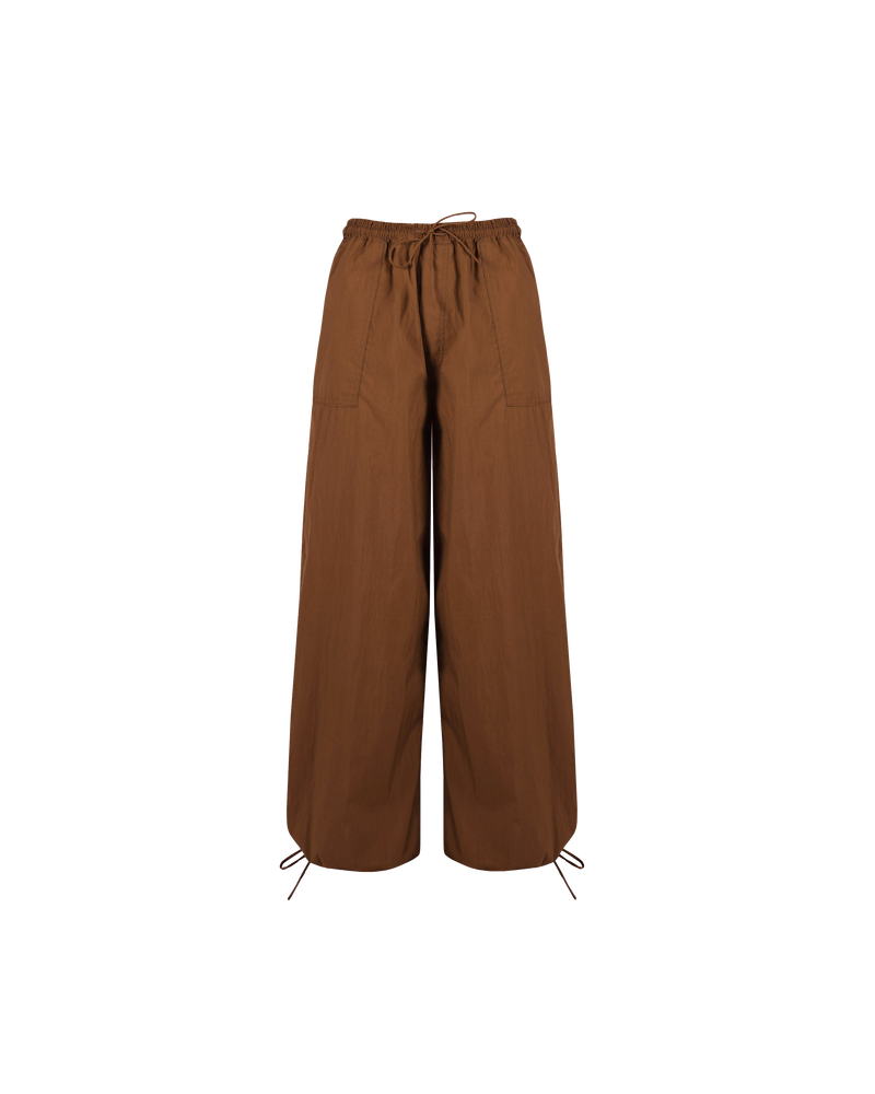 DONOVAN TIE PANT MOCHA | Oversized, elastic waist cargo pants with front patch detailing and adjustable tie ankle cuffs. A contemporary take on classic cargo pants, these pants are designed for a loose fit through...