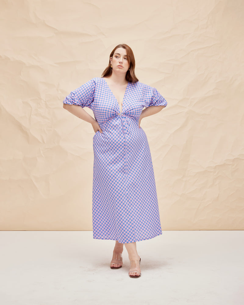 DONOVAN TIE DRESS PINK BLUE GINGHAM | Cotton A-line midi dress with short batwing sleeves and keyhole opening with a tie detail at the centre neckline. The tie can be used to cinch in your waist, the piece then falls...