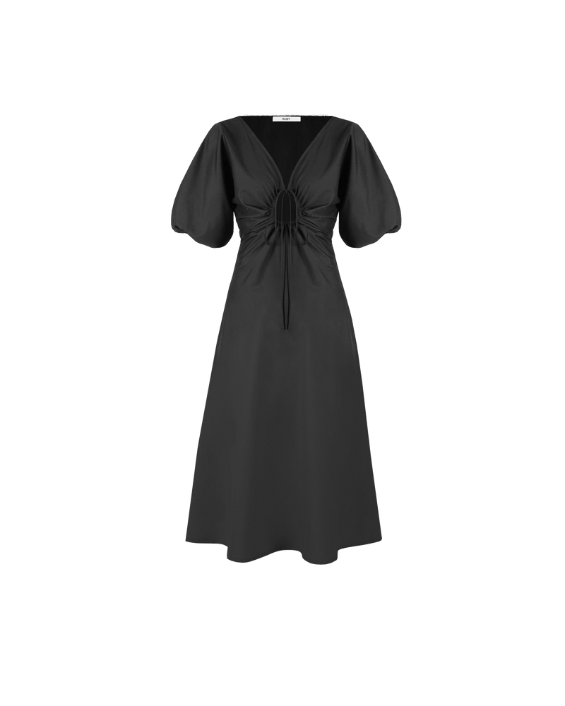 DONOVAN TIE DRESS BLACK | Cotton A-line midi dress with short batwing sleeves and keyhole opening with a tie detail at the centre neckline. The tie can be used to cinch in your waist, the...