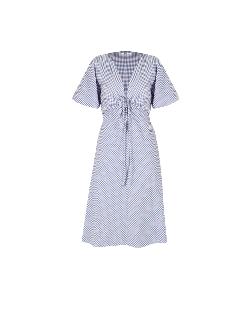 DONOVAN TIE DRESS BLUE GINGHAM | Cotton A-line midi dress with short batwing sleeves and keyhole opening with a tie detail at the centre neckline. The tie can be used to cinch in your waist, the...
