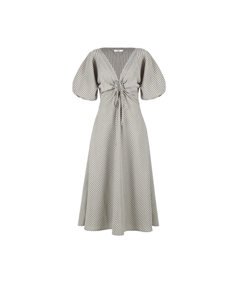 DONOVAN TIE DRESS OLIVE GINGHAM | Cotton A-line midi dress with short batwing sleeves and keyhole opening with a tie detail at the centre neckline. The tie can be used to cinch in your waist, the...