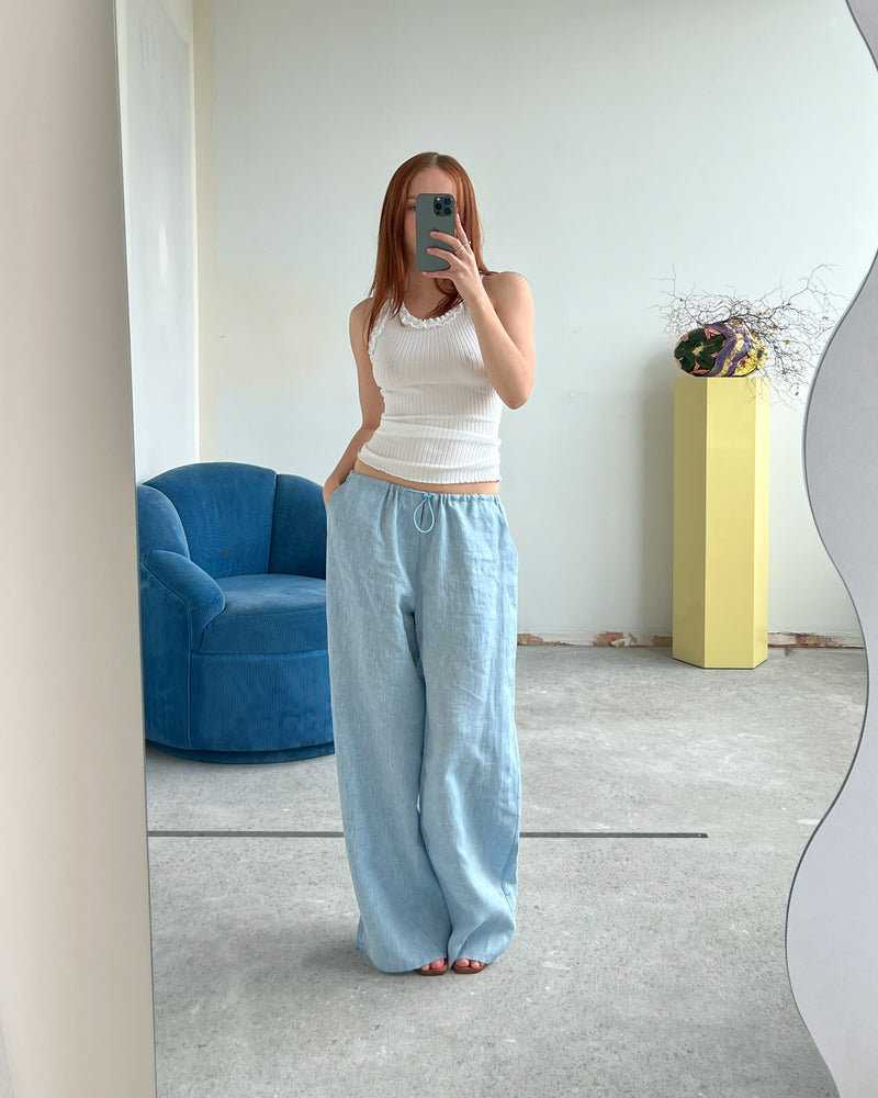 RSR SAMPLE 3079 DRAW CORD PANT | RUBY Sample Draw Cord Pant in blue linen. Size 8. One available. Dani usually wears a size 8.