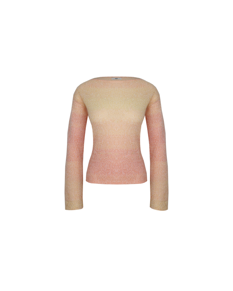 DREAM SWEATER ORANGE PINK | 
Boat neck sweater knitted in a soft mohair wool blend in a pink and orange gradient. Features rolled cuffs and hem that adds to the cosy fit.