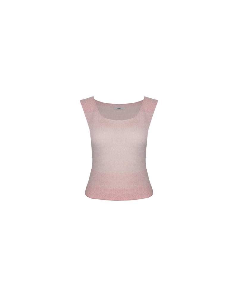 DREAM TEE PINK | 
Cap sleeve knit baby tee designed in a soft mohair wool blend with a pink gradient. Features a round neckline and rolled hem which adds to the cosy fit.