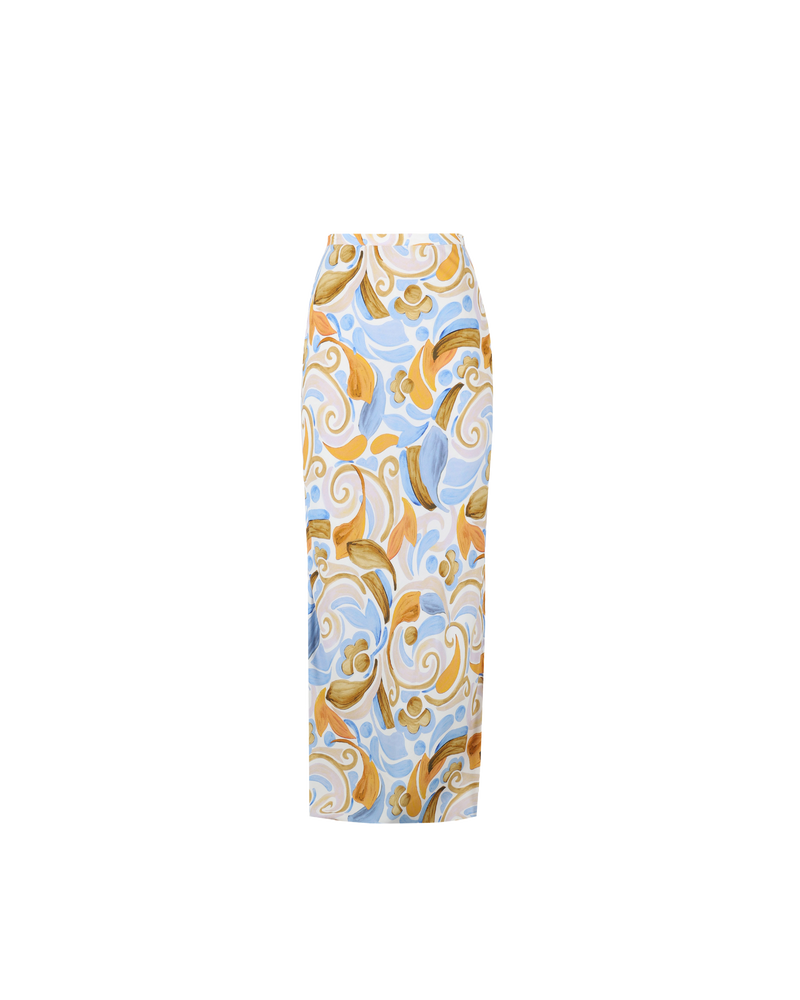 DYLAN SKIRT CERAMIC | Highwaisted bias cut maxi skirt crafted in a RUBY exclusive ceramic print. The print makes this piece a playful take on a classic silhouette, with a split at the side.