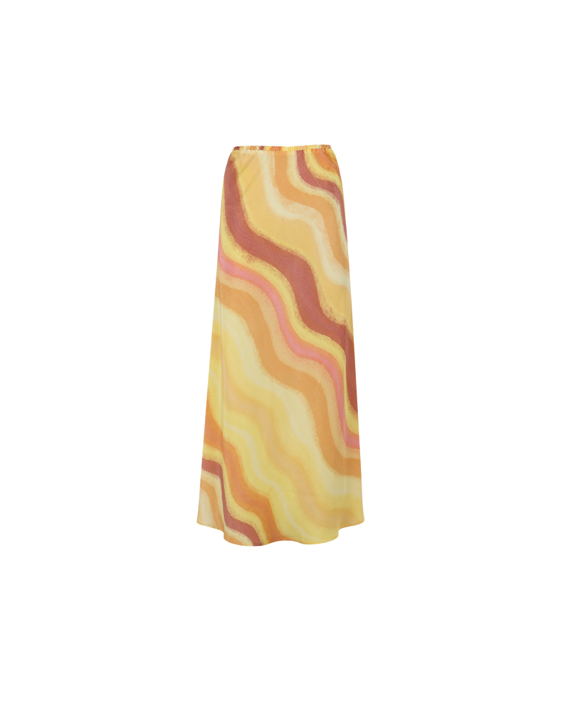 SOLAR SILK SKIRT SOLAR PRINT | Bias cut straight skirt designed in our sunset print. Features an elastic waistband so you can wear this skirt as low or as high as you like.