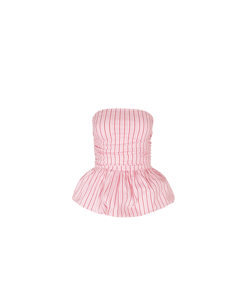 EDDIE BODICE PINK RED STRIPE | Strapless bodice designed in a fun pink and red striped cotton. Features an a-line 'puff' hem, and ruching through the body that contrasts with the striped print.