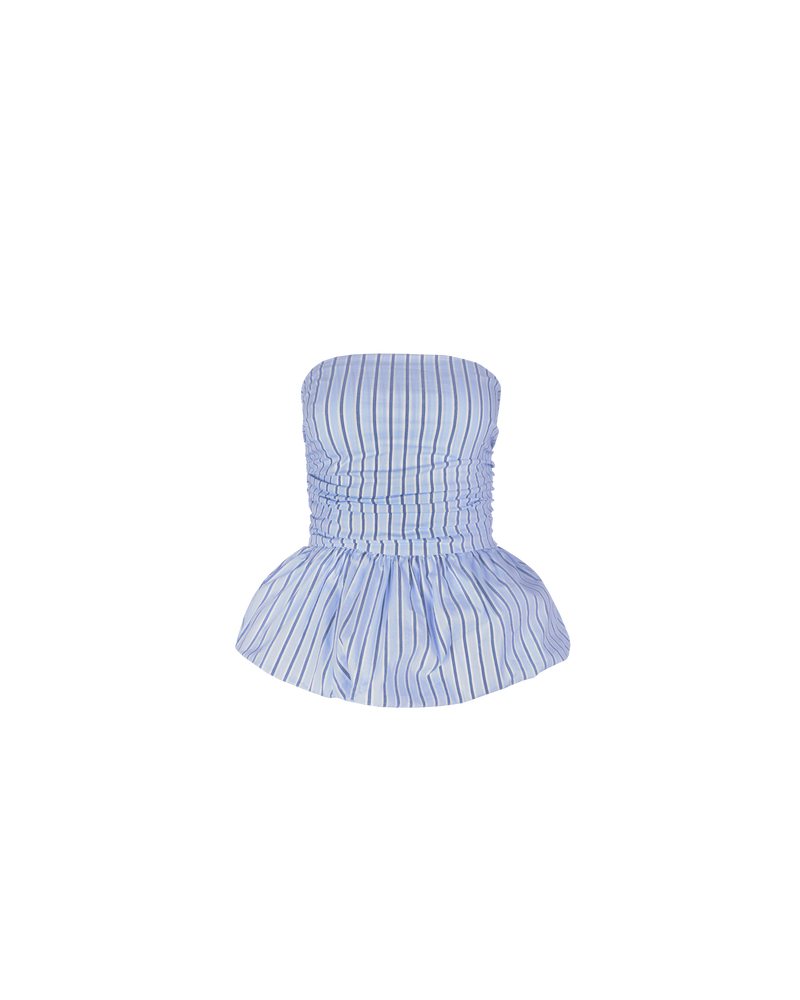 EDDIE BODICE BLUE SKY STRIPE | Strapless bodice designed in a blue, white and grey striped cotton. Features an a-line 'puff' hem, and ruching through the body that contrasts with the striped print.