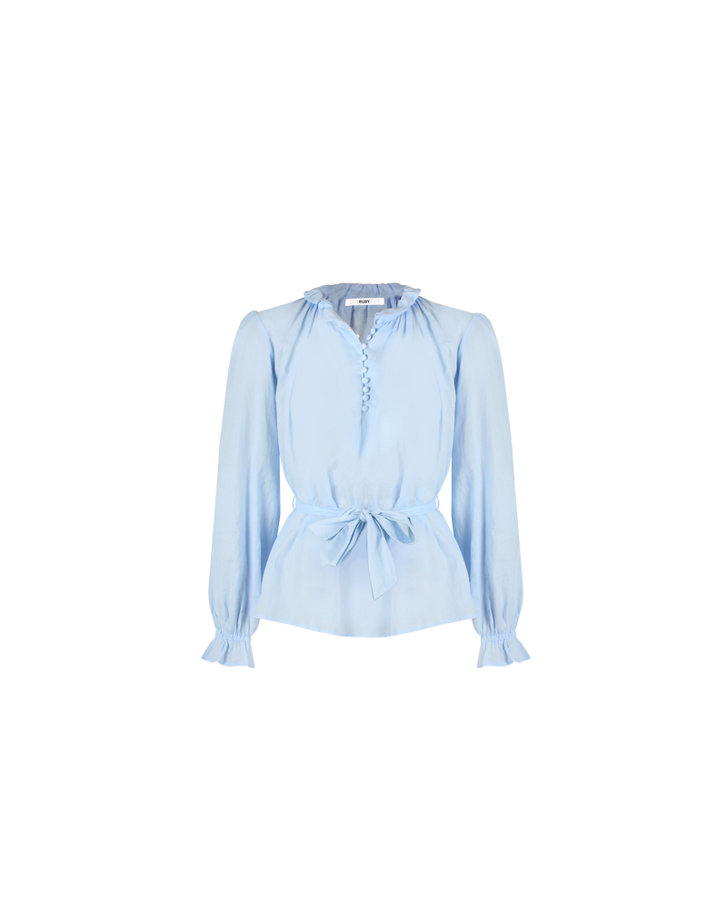 ELLIOT RUFFLE BLOUSE SKY BLUE | Floaty ruffle neck blouse with front button closure and balloon sleeves. The piece is relaxed in its silhouette but can be cinched in at the waist with the removable waist...