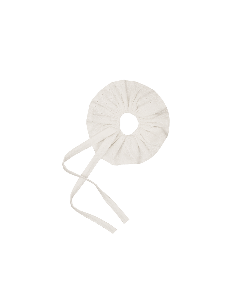 RUBY X EMMA JING SCRUNCHIE WHITE BROIDERY | Oversized lace scrunchie featured as part of Summer Fling with Emma Jing, our Holiday 2024 collaboration with local Aotearoa designer, Emma Jing. A fun take on a classic scrunchie.