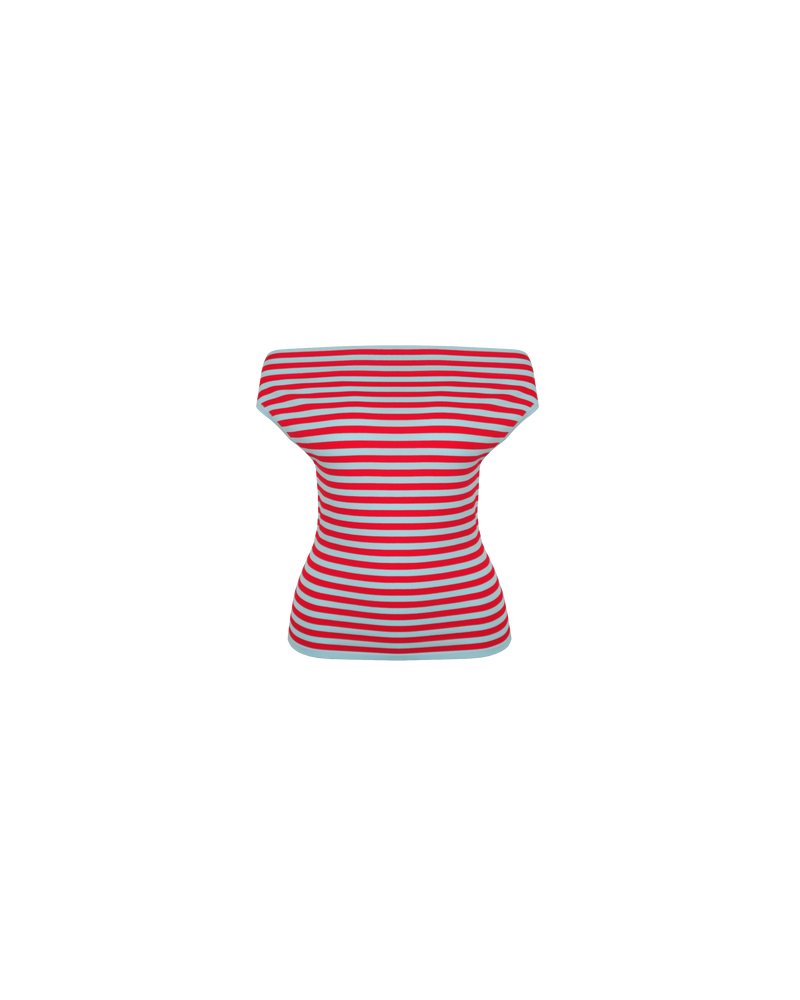 EMMA KNIT TOP RED BLUE STRIPE | Off-shoulder knitted top crafted in a mid-weight striped knit. This top is simple yet elegant and can be worn on or off the shoulder.