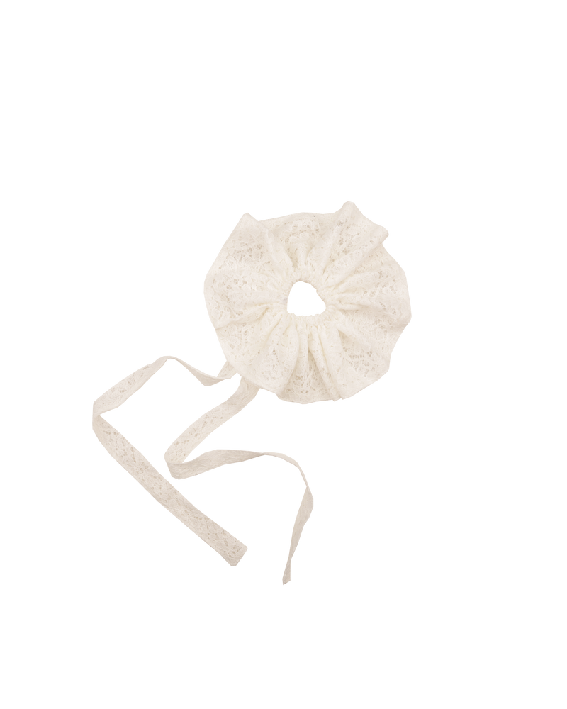 RUBY X EMMA JING SCRUNCHIE WHITE | Oversized lace scrunchie featured as part of Summer Fling with Emma Jing, our Holiday 2024 collaboration with local Aotearoa designer, Emma Jing. A fun take on a classic scrunchie.